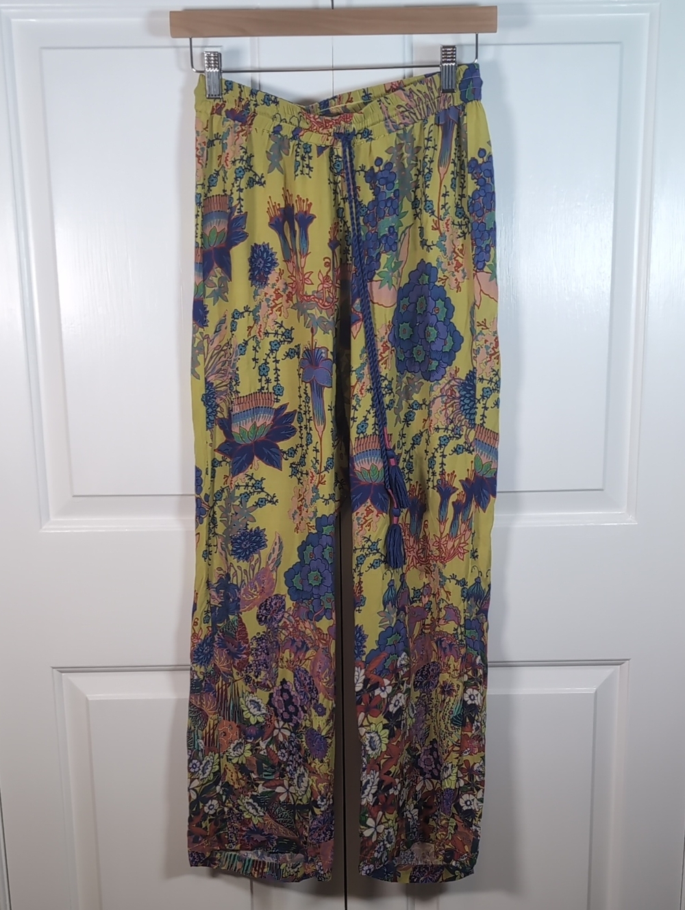 By Anthropologie Kari Yellow Floral Wide Leg Drawstring Lounge Trousers Pants